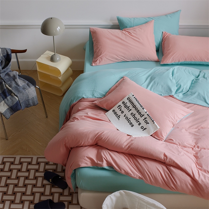 91家纺网 家纺一手货源 找家纺 安莱生活 2023新款A类针织棉双拼系列四件套 梅染