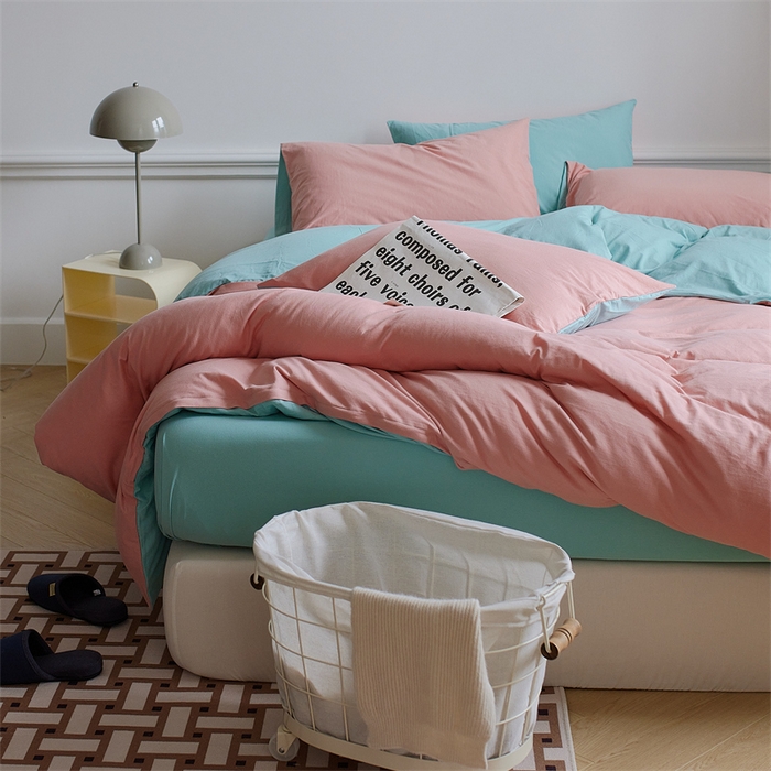 91家纺网 家纺一手货源 找家纺 安莱生活 2023新款A类针织棉双拼系列四件套 梅染