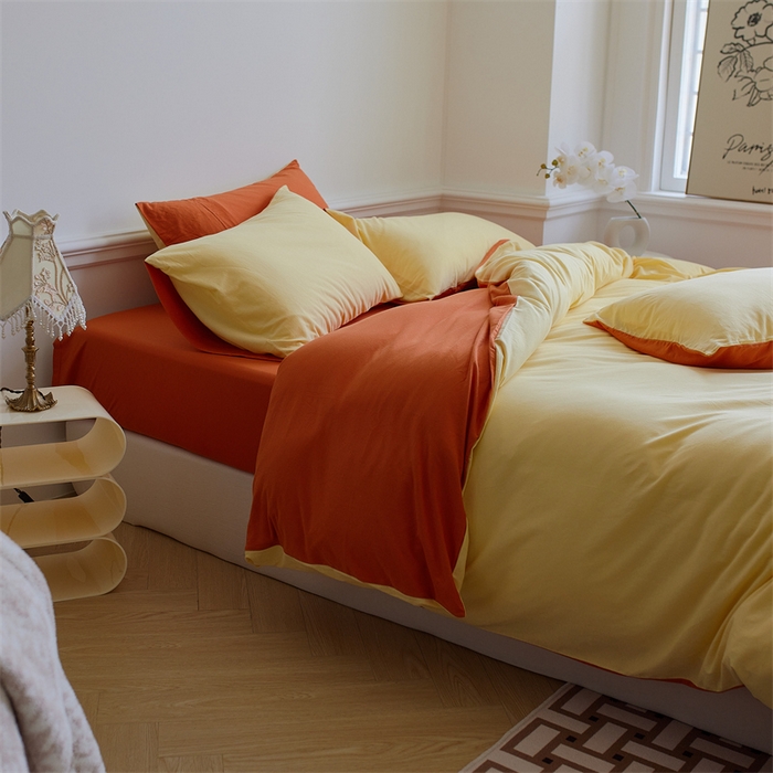 91家纺网 家纺一手货源 找家纺 安莱生活 2023新款A类针织棉双拼系列四件套 暖阳