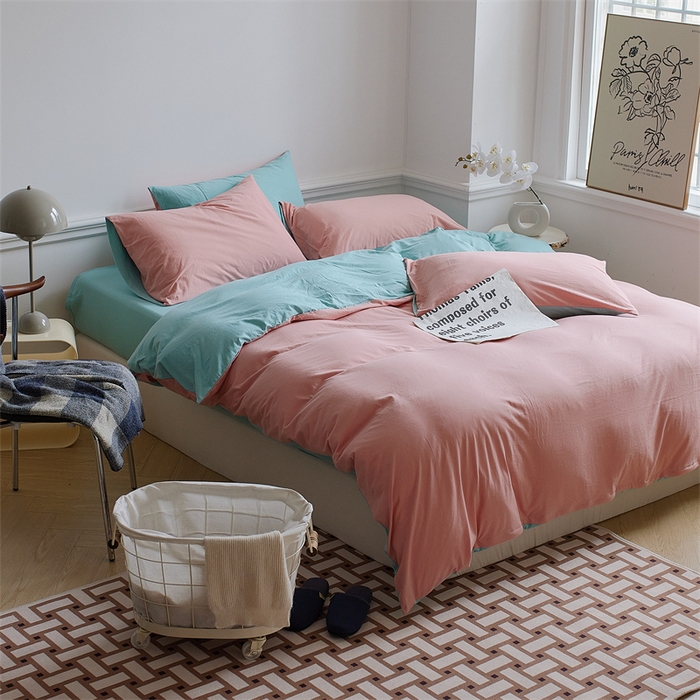 91家纺网 家纺一手货源 找家纺 安莱生活 2023新款A类针织棉双拼系列四件套 梅染