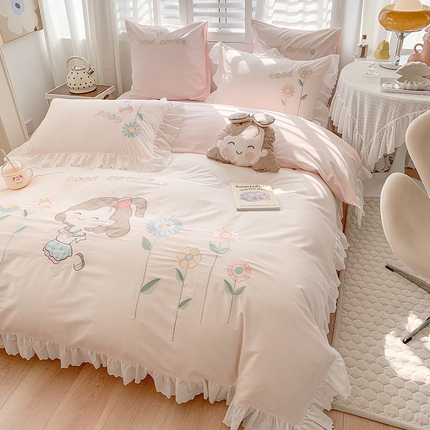 2025新款A类60S全棉水洗棉刺绣花边四件套 小女孩