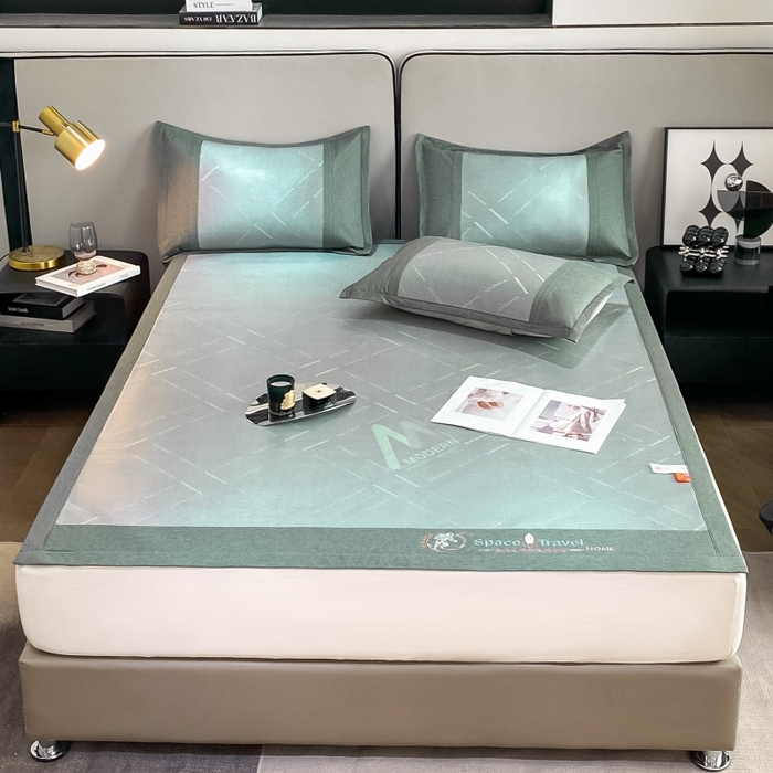 91家纺网 家纺一手货源 找家纺 伊被源 23新款提花冰藤席三件套-宇航员 太空冰帛丝冰藤冰透绿床席款