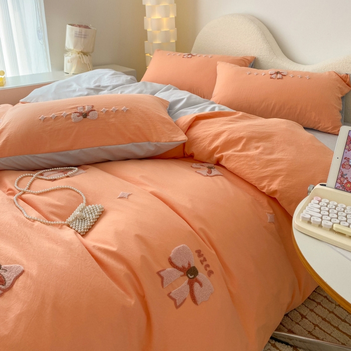 91家纺网 家纺一手货源 找家纺 潮邦 2025全新升级面料【奶小冻】春夏毛巾绣四件套 蝴蝶结