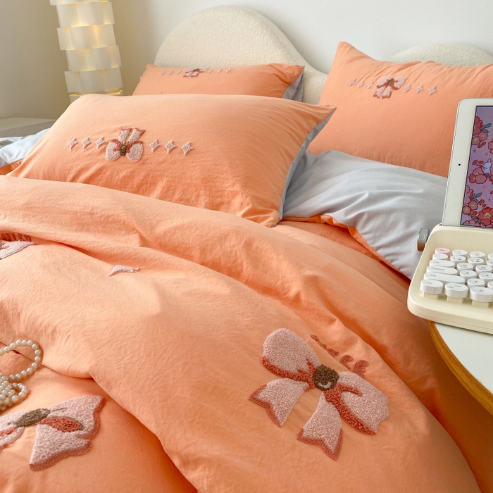 91家纺网 家纺一手货源 找家纺 潮邦 2025全新升级面料【奶小冻】春夏毛巾绣四件套 蝴蝶结