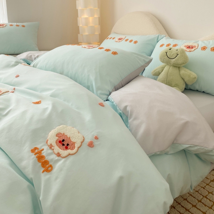 91家纺网 家纺一手货源 找家纺 潮邦 2025全新升级面料【奶小冻】春夏毛巾绣四件套 羊咩咩