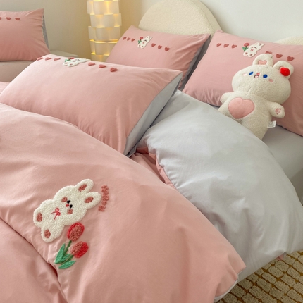 潮邦 2025全新升级面料【奶小冻】春夏毛巾绣四件套 郁金兔