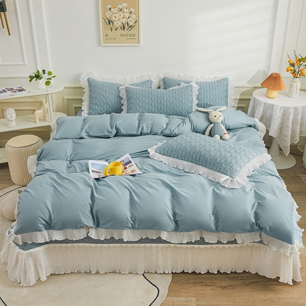 91家纺网 家纺一手货源 找家纺 宜凡 2023新款全棉花边床盖三四件套 莫奈蓝