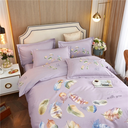沐白家居2023大版全棉印花四件套 2春之物羽-紫