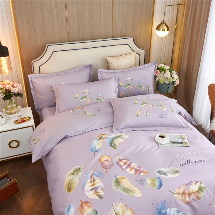 91家纺网 家纺一手货源 找家纺 沐白家居2023大版全棉印花四件套 2春之物羽-紫