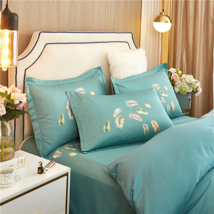 91家纺网 家纺一手货源 找家纺 沐白家居2023大版全棉印花四件套 2春之物羽-绿