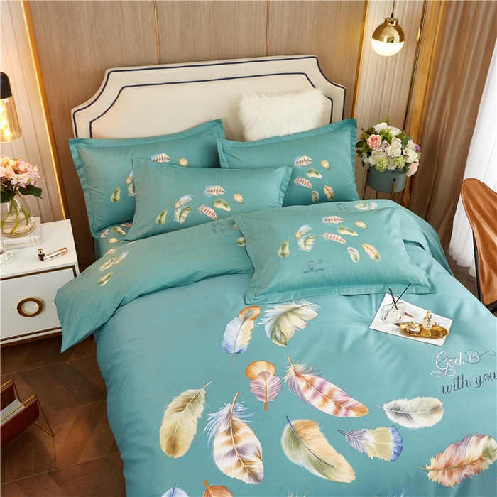 91家纺网 家纺一手货源 找家纺 沐白家居2023大版全棉印花四件套 2春之物羽-绿