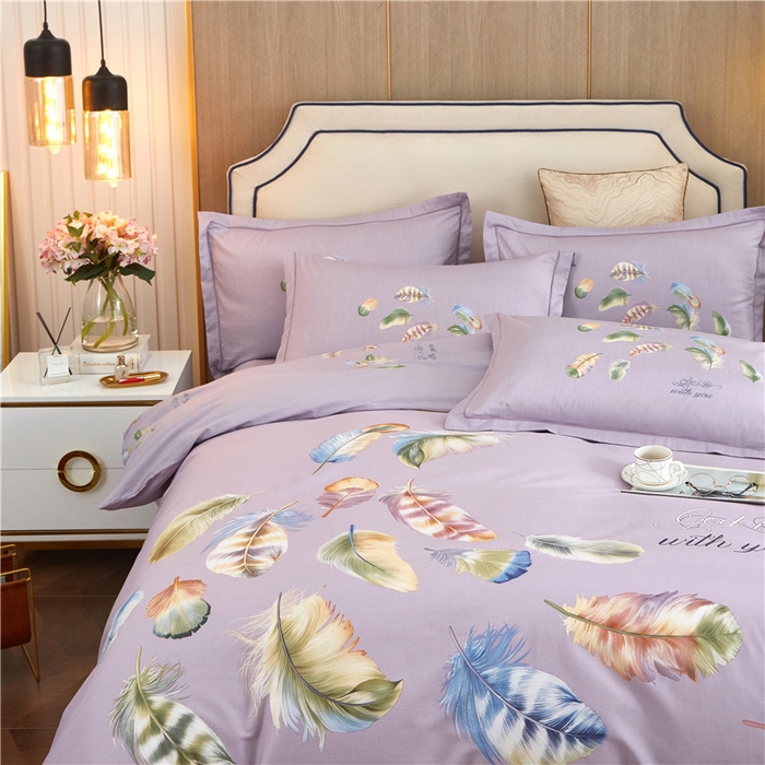 91家纺网 家纺一手货源 找家纺 沐白家居2023大版全棉印花四件套 2春之物羽-紫