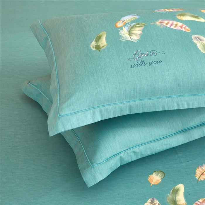 91家纺网 家纺一手货源 找家纺 沐白家居2023大版全棉印花四件套 2春之物羽-绿