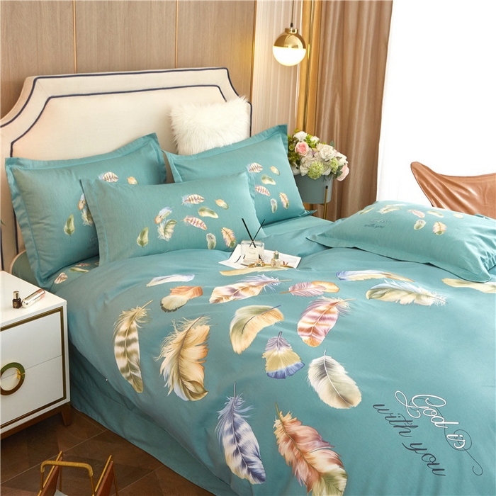 91家纺网 家纺一手货源 找家纺 沐白家居2023大版全棉印花四件套 2春之物羽-绿