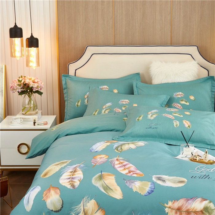 91家纺网 家纺一手货源 找家纺 沐白家居2023大版全棉印花四件套 2春之物羽-绿