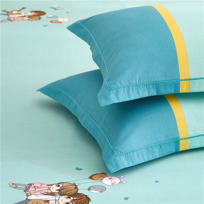 91家纺网 家纺一手货源 找家纺 沐白家居2023大版全棉印花四件套 2两小无猜-绿