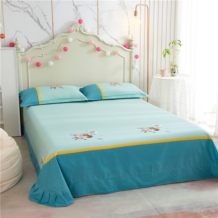 91家纺网 家纺一手货源 找家纺 沐白家居2023大版全棉印花四件套 2两小无猜-绿