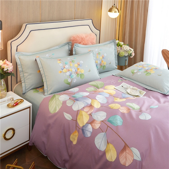 91家纺网 家纺一手货源 找家纺 沐白家居2023大版全棉印花四件套 2琼枝玉叶-紫