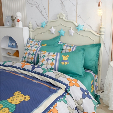 沐白家居2023大版全棉印花四件套 2绅士熊-绿