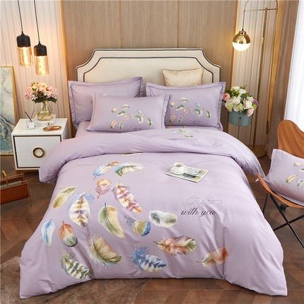 91家纺网 家纺一手货源 找家纺 沐白家居2023大版全棉印花四件套 2春之物羽-紫