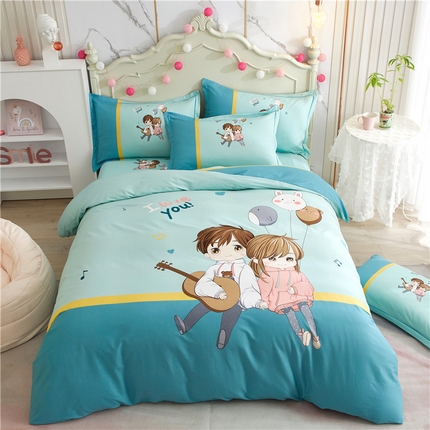 91家纺网 家纺一手货源 找家纺 沐白家居2023大版全棉印花四件套 2两小无猜-绿