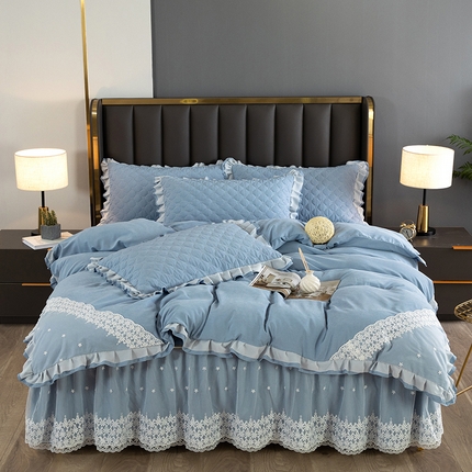 木兰花2023新款云锦棉纯色夹棉蕾丝床裙四件套 宾士兰