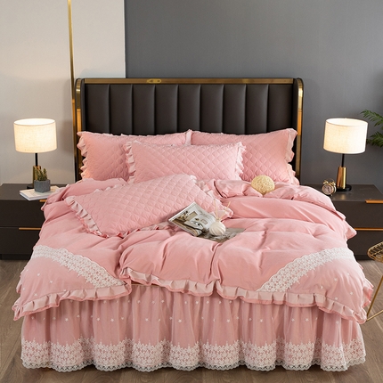 （总）2023新款云锦棉纯色夹棉蕾丝床裙四件套韩版花边被套床罩床盖