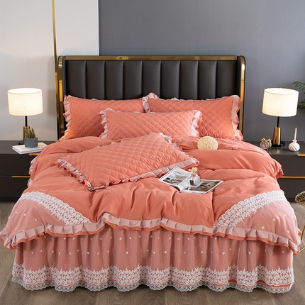 木兰花2023新款云锦棉纯色夹棉蕾丝床裙四件套 格调橘