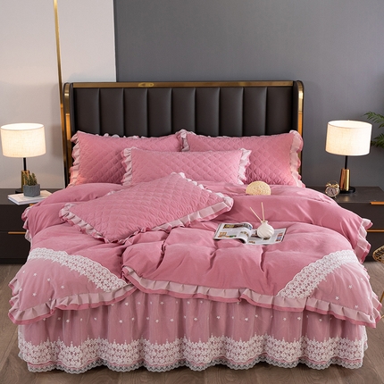 木兰花2023新款云锦棉纯色夹棉蕾丝床裙四件套 豆沙色