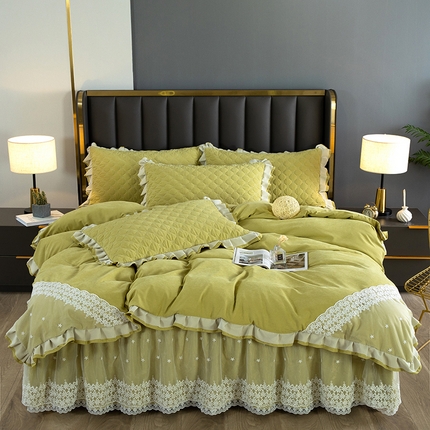 木兰花2023新款云锦棉纯色夹棉蕾丝床裙四件套 雪松绿