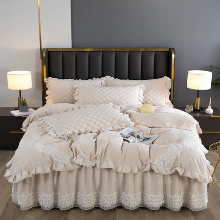 木兰花2023新款云锦棉纯色夹棉蕾丝床裙四件套 雅丽白