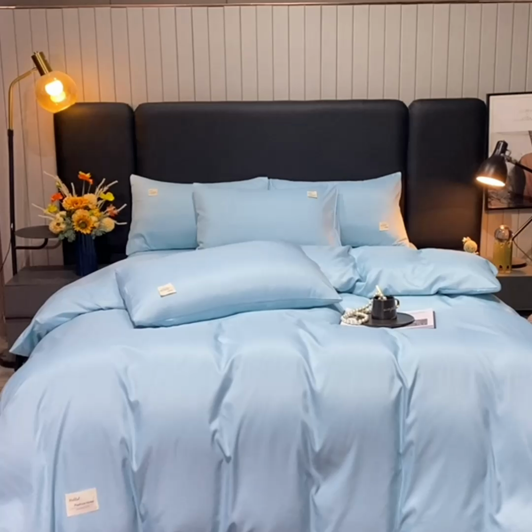 91家纺网 家纺一手货源 找家纺 红日子2023新款水洗真丝纯色四件套 水光绿