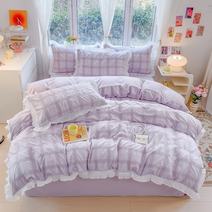 大米2025新款家居韩版公主风泡泡纱雪纺花边四件套 泡泡纱-丁香紫