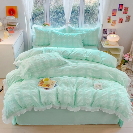 大米2025新款家居韩版公主风泡泡纱雪纺花边四件套 泡泡纱-水绿
