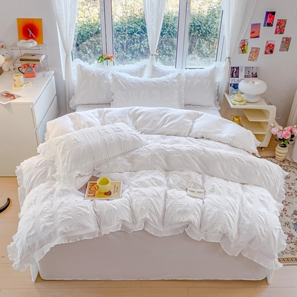 大米2025新款家居韩版公主风泡泡纱雪纺花边四件套 泡泡纱-珍珠白