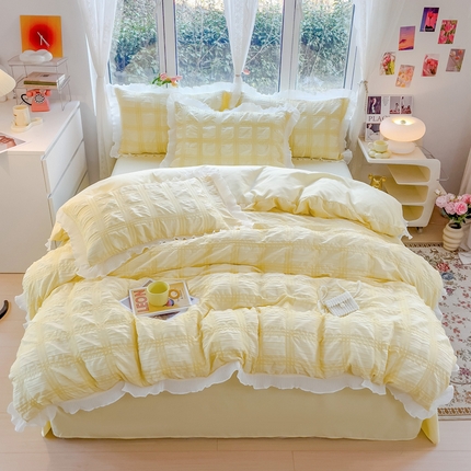 91家纺网 家纺一手货源 找家纺 （总）大米2025新款家居韩版公主风泡泡纱雪纺花边四件套