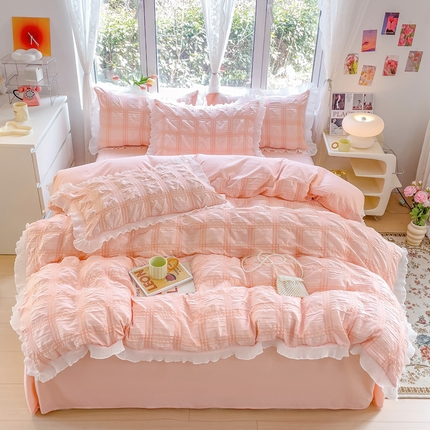 91家纺网 家纺一手货源 找家纺 （总）大米2025新款家居韩版公主风泡泡纱雪纺花边四件套