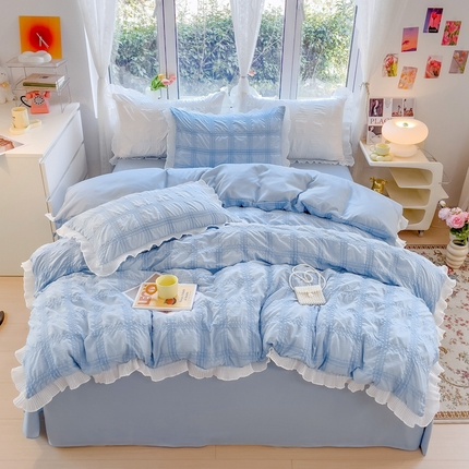 91家纺网 家纺一手货源 找家纺 （总）大米2025新款家居韩版公主风泡泡纱雪纺花边四件套