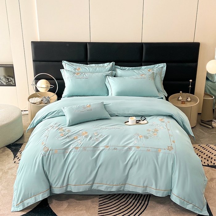 91家纺网 家纺一手货源 找家纺 绒世界2024新款全棉刺绣烟雨系列四件套 一袭烟雨-奶油绿