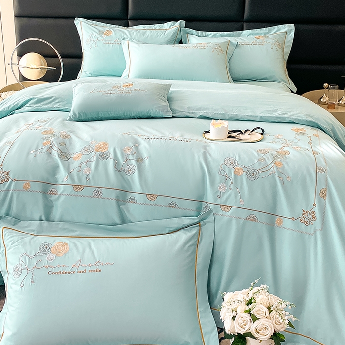 91家纺网 家纺一手货源 找家纺 绒世界2024新款全棉刺绣烟雨系列四件套 一袭烟雨-奶油绿