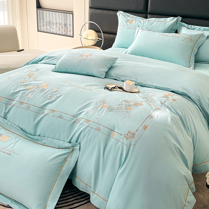 91家纺网 家纺一手货源 找家纺 绒世界2024新款全棉刺绣烟雨系列四件套 一袭烟雨-奶油绿