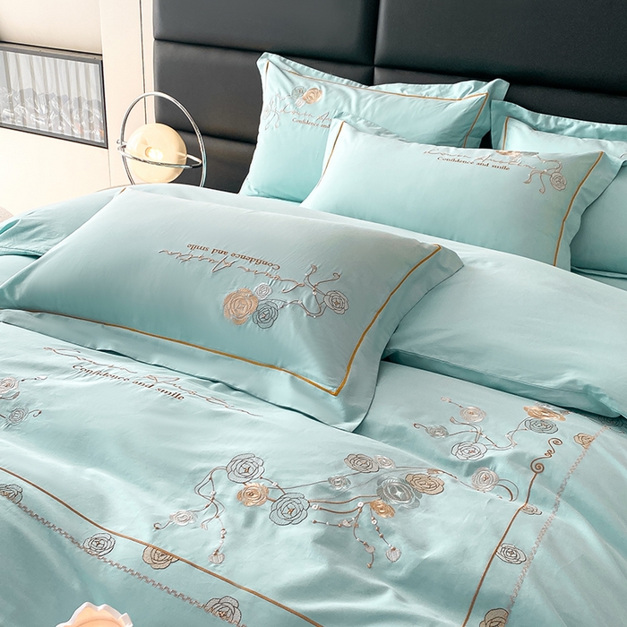 91家纺网 家纺一手货源 找家纺 绒世界2024新款全棉刺绣烟雨系列四件套 一袭烟雨-奶油绿