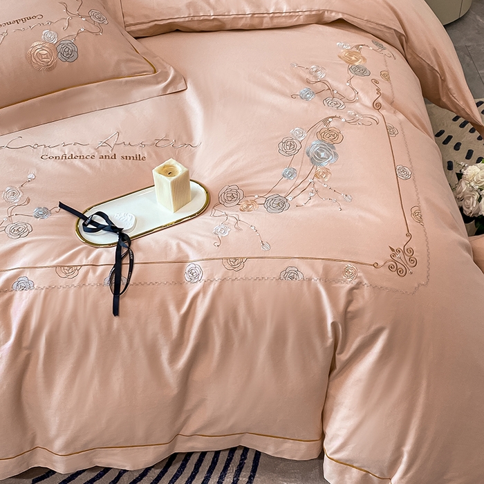 91家纺网 家纺一手货源 找家纺 绒世界2024新款全棉刺绣烟雨系列四件套 一袭烟雨-香蜜粉