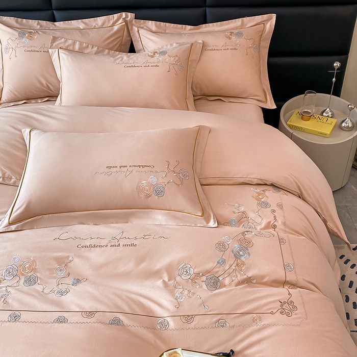 91家纺网 家纺一手货源 找家纺 绒世界2024新款全棉刺绣烟雨系列四件套 一袭烟雨-香蜜粉