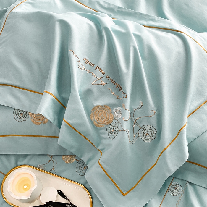 91家纺网 家纺一手货源 找家纺 绒世界2024新款全棉刺绣烟雨系列四件套 一袭烟雨-奶油绿