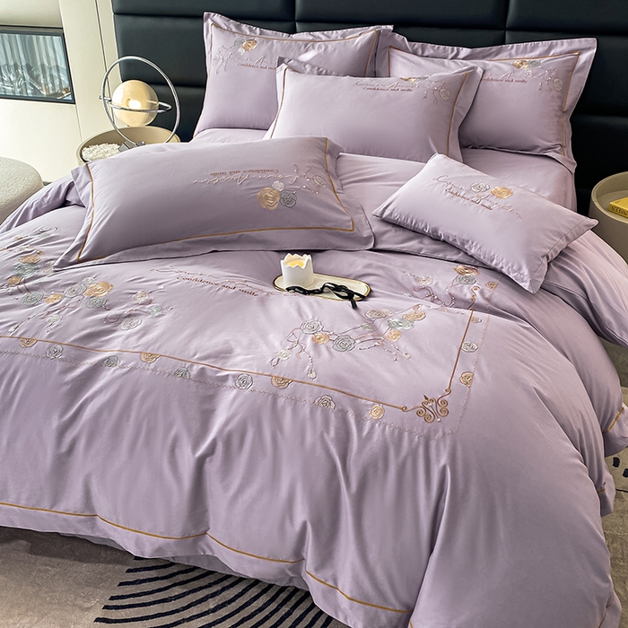 91家纺网 家纺一手货源 找家纺 绒世界2024新款全棉刺绣烟雨系列四件套 一袭烟雨-香芋紫