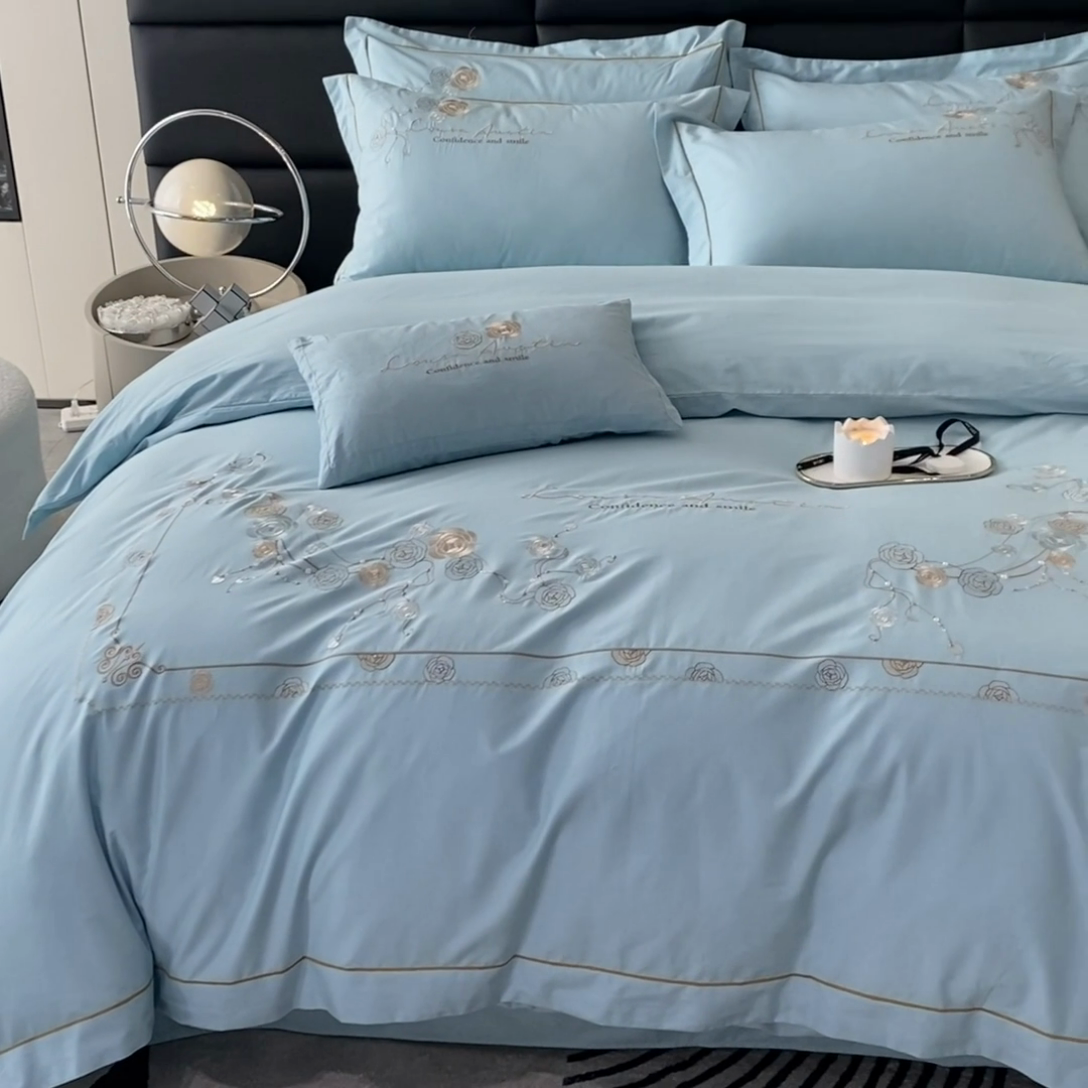 91家纺网 家纺一手货源 找家纺 绒世界2024新款全棉刺绣烟雨系列四件套 一袭烟雨-奶油绿