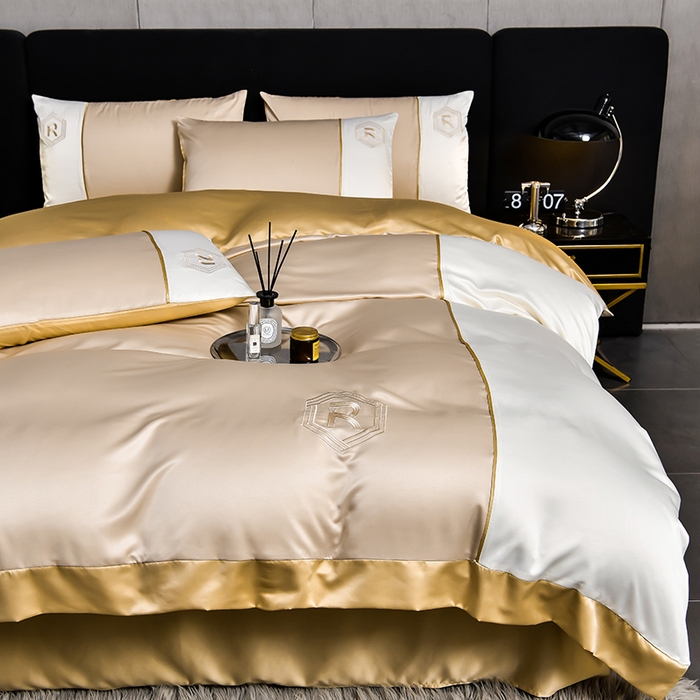 91家纺网 家纺一手货源 找家纺 绒世界  2024新款水洗天丝刺绣维也纳系列四件套 维也纳-奶茶+奶昔白