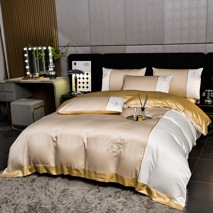 91家纺网 家纺一手货源 找家纺 绒世界  2024新款水洗天丝刺绣维也纳系列四件套 维也纳-奶茶+奶昔白