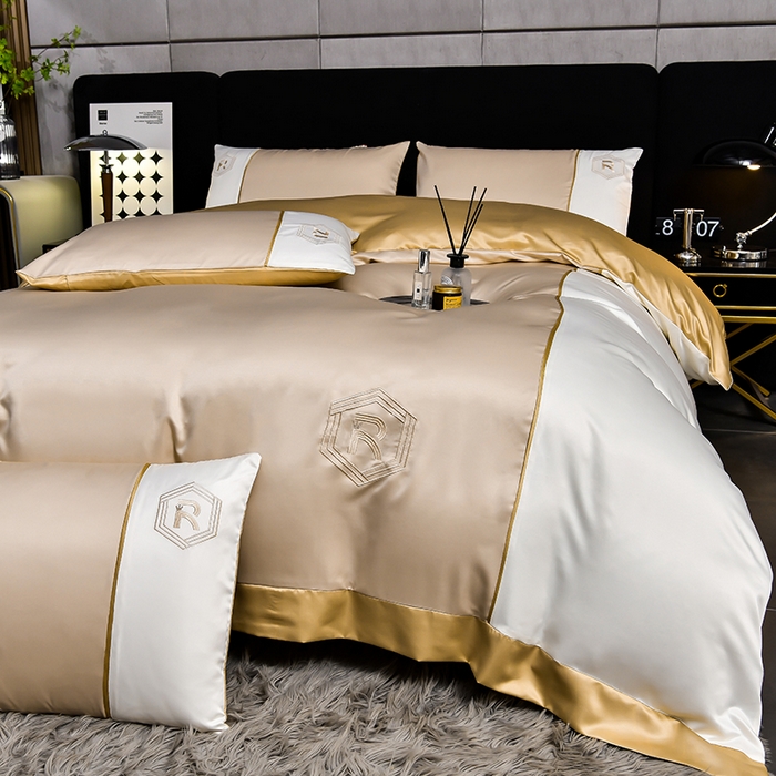 91家纺网 家纺一手货源 找家纺 绒世界  2024新款水洗天丝刺绣维也纳系列四件套 维也纳-奶茶+奶昔白